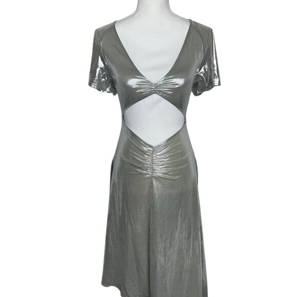NWT WeWoreWhat Asymmetrical Cut Out Dress Liquid Foil Silver | XS - Picture 2 of 6